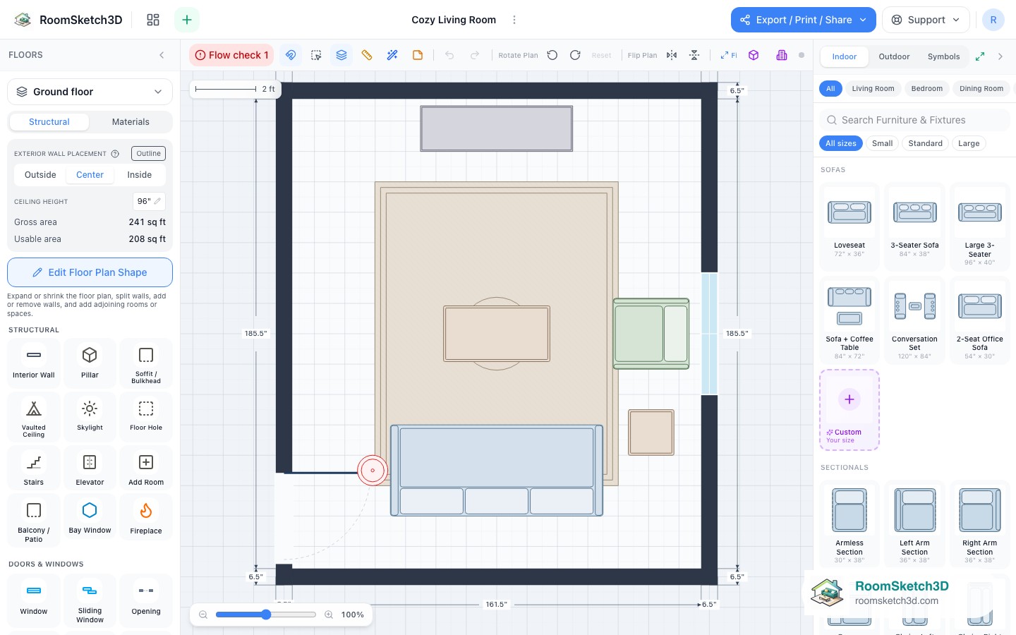 The Cozy Living Room template open in the RoomSketch3D 2D editor, every piece placed to scale
