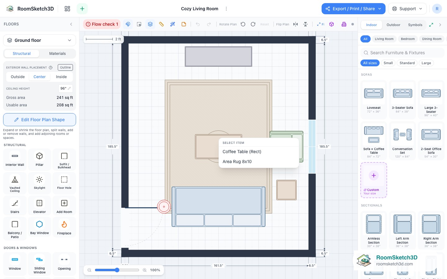 A piece selected in the Cozy Living Room template with its size and options shown — RoomSketch3D floor plan creator
