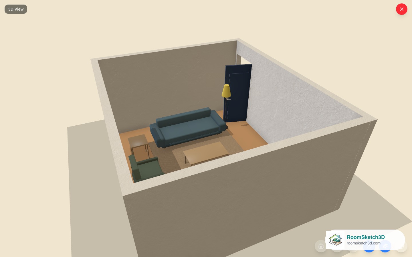 The Cozy Living Room template viewed in 3D in RoomSketch3D