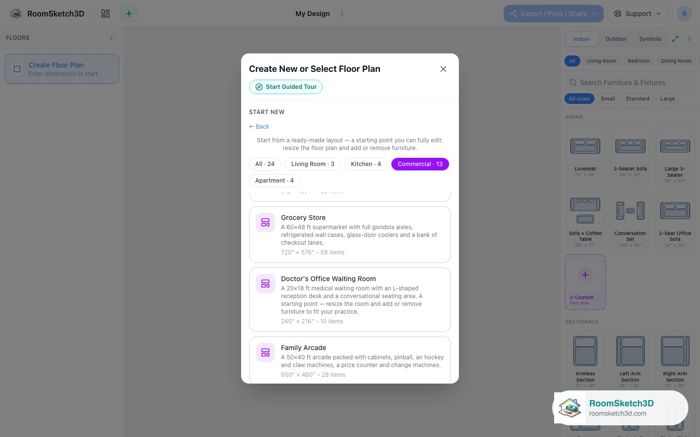 The Doctor's Office Waiting Room card in the RoomSketch3D template picker