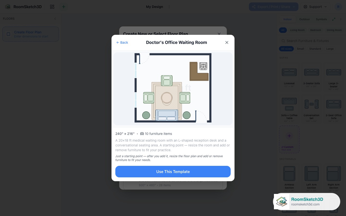 Previewing the Doctor's Office Waiting Room template before opening it — RoomSketch3D floor plan creator