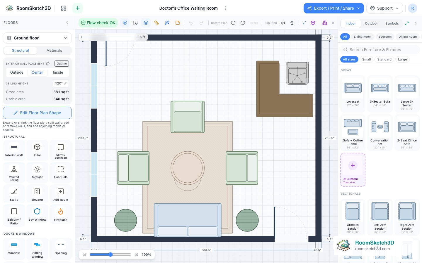 The Doctor's Office Waiting Room template open in the RoomSketch3D 2D editor, every piece placed to scale