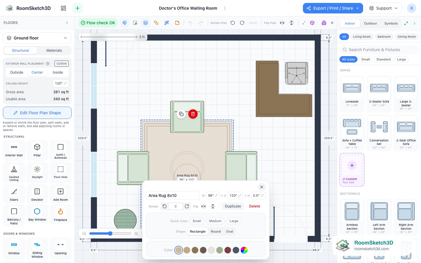 A piece selected in the Doctor's Office Waiting Room template with its size and options shown — RoomSketch3D home design app