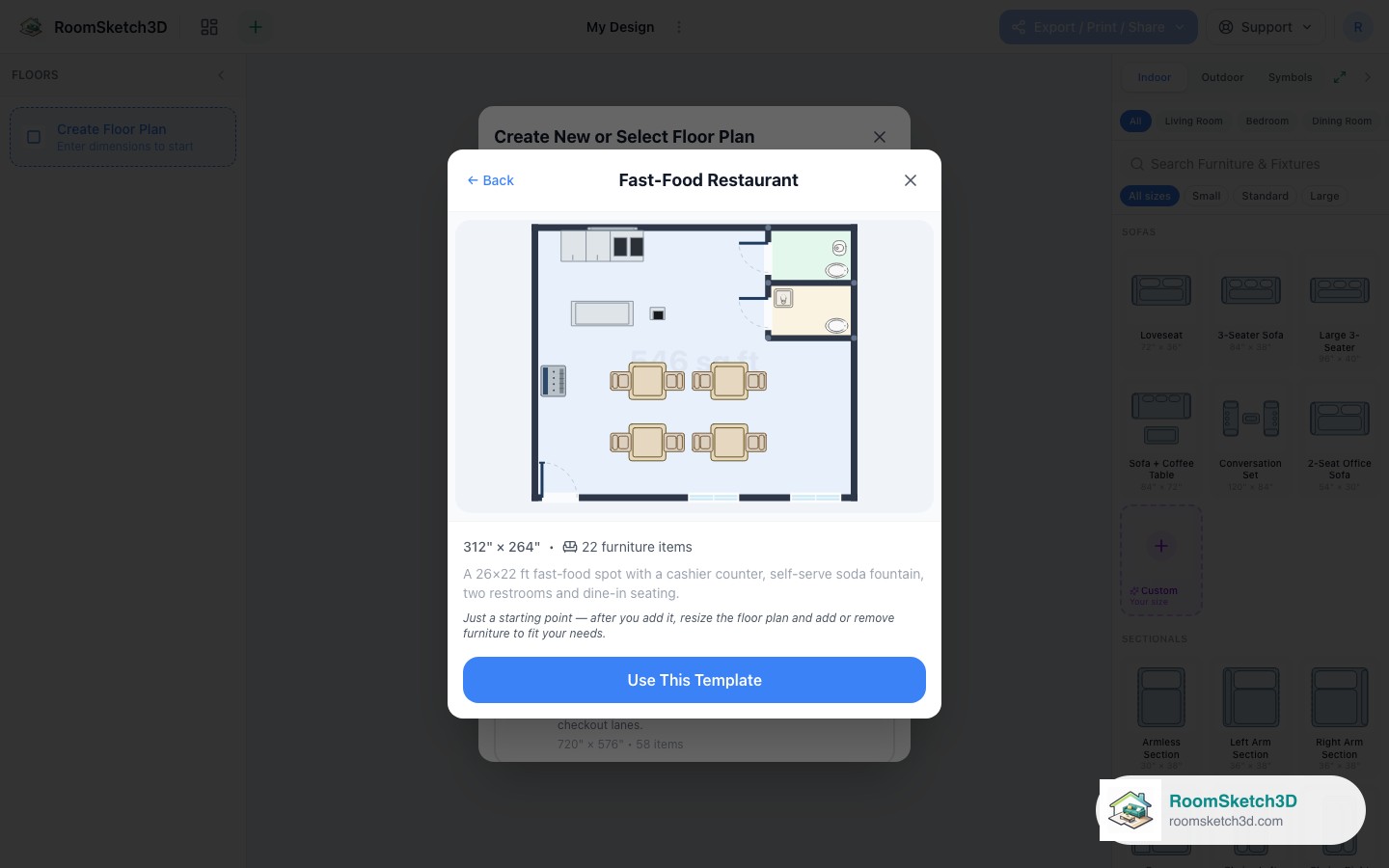 Previewing the Fast-Food Restaurant template before opening it — RoomSketch3D room planner app