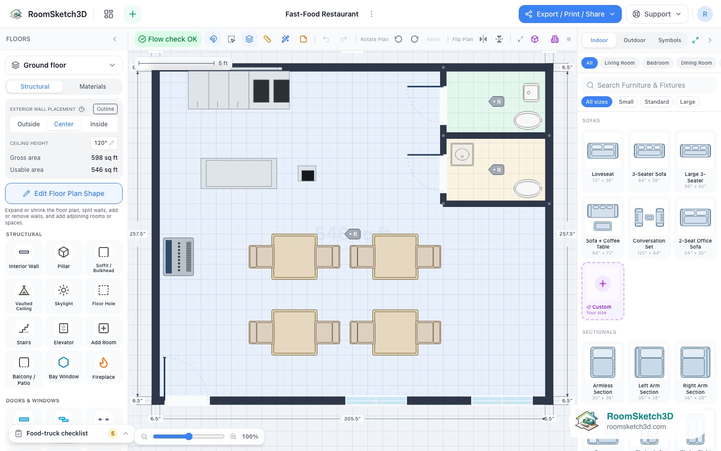 The Fast-Food Restaurant template open in the RoomSketch3D 2D editor, every piece placed to scale