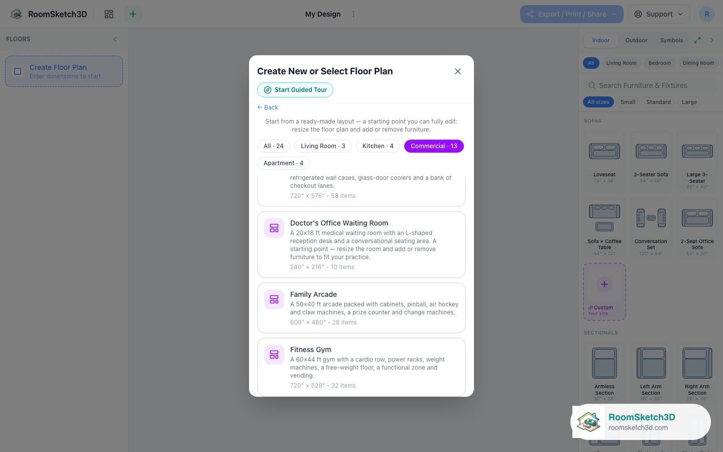 The Fitness Gym card in the RoomSketch3D template picker
