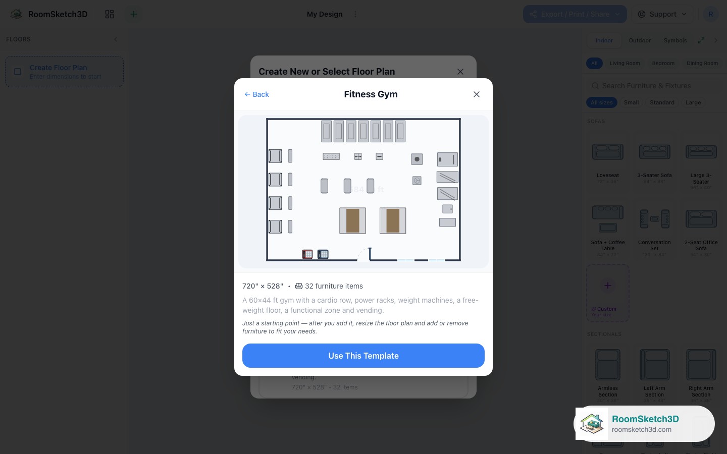 Previewing the Fitness Gym template before opening it — RoomSketch3D floor planner