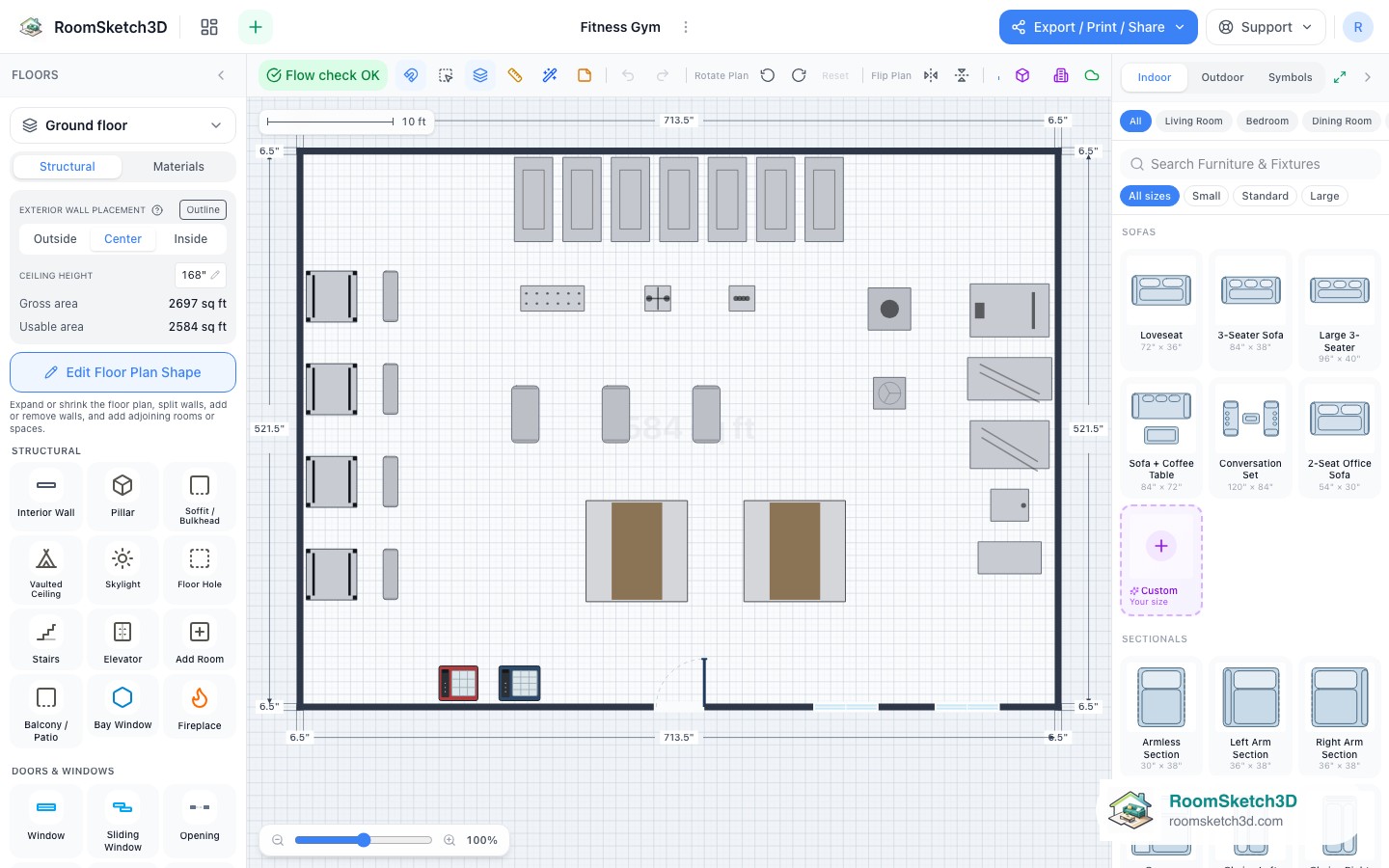 A piece selected in the Fitness Gym template with its size and options shown — RoomSketch3D floor plan creator