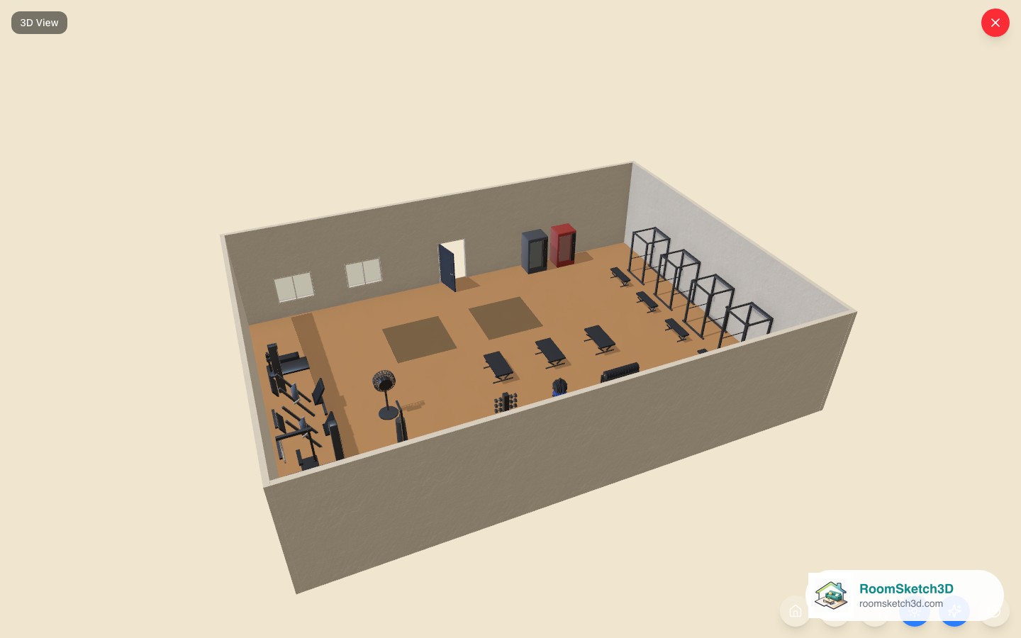 The Fitness Gym template viewed in 3D in RoomSketch3D