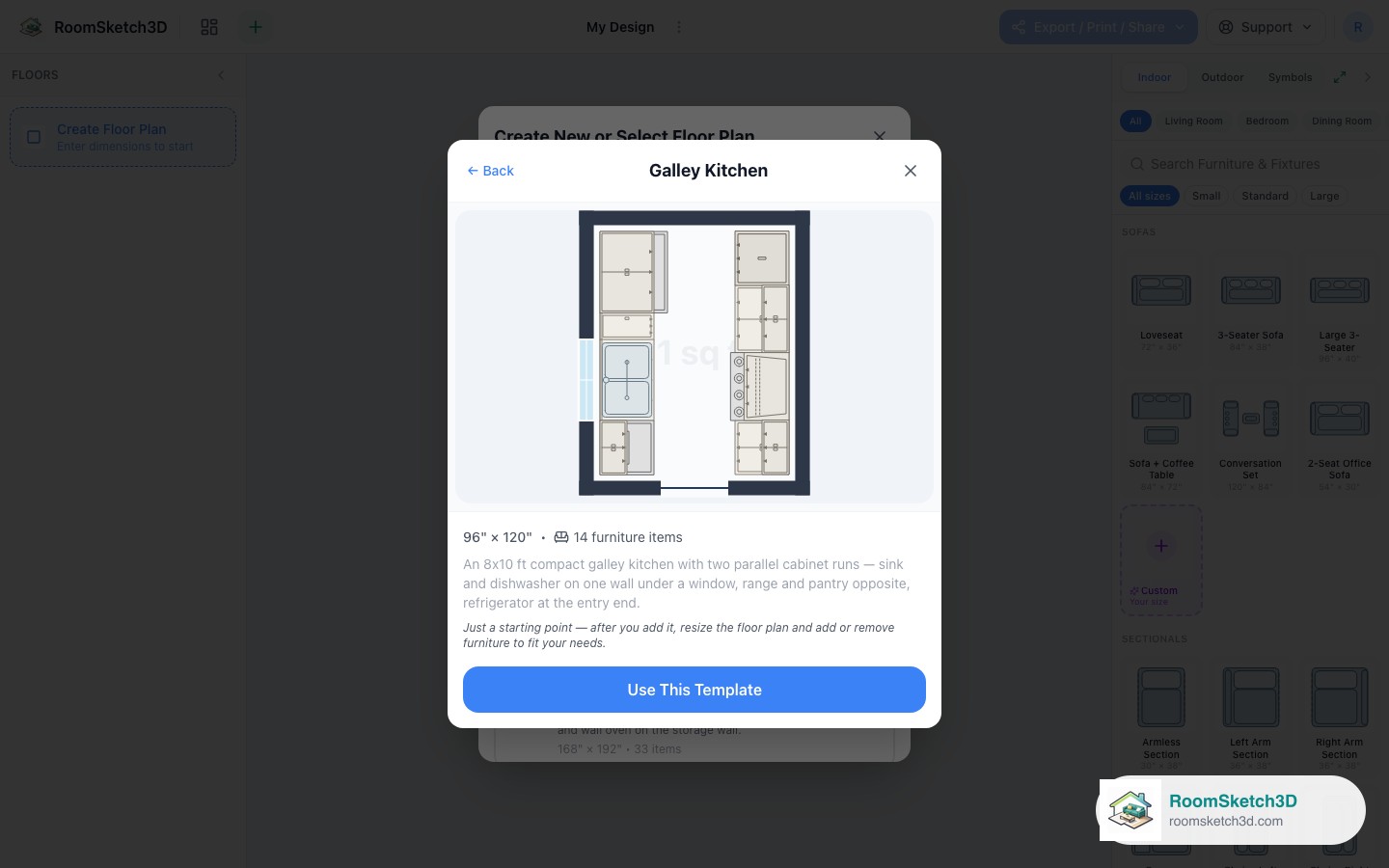 Previewing the Galley Kitchen template before opening it — RoomSketch3D floor plan creator