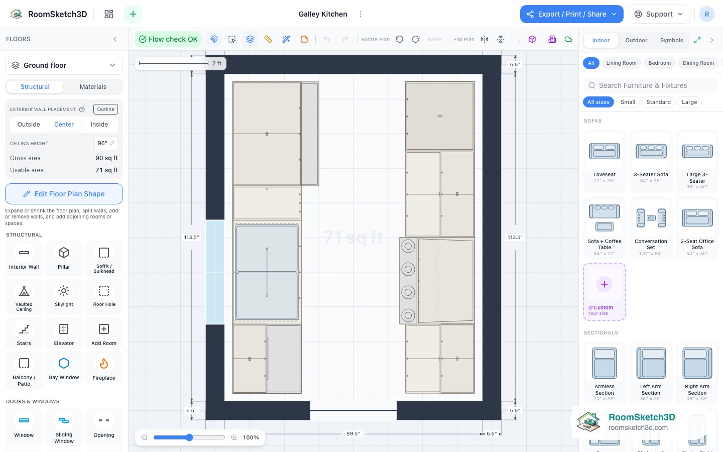 A piece selected in the Galley Kitchen template with its size and options shown — RoomSketch3D 3D floorplan software