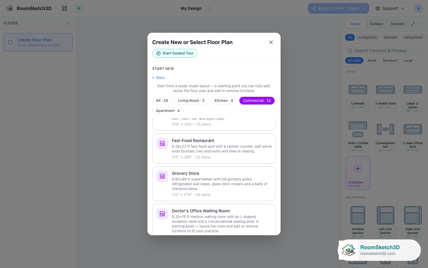 The Grocery Store card in the RoomSketch3D template picker