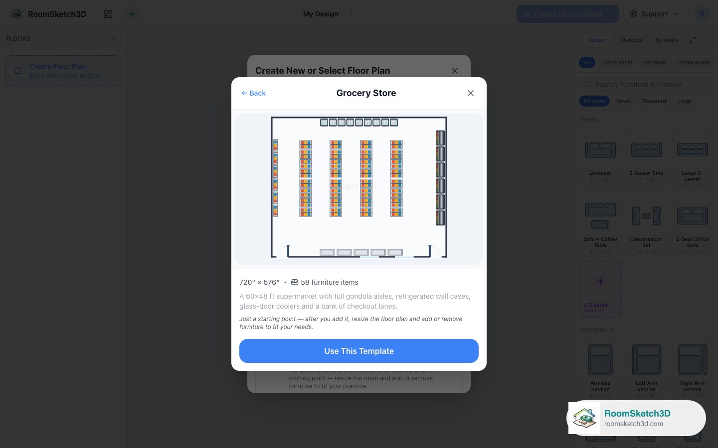 Previewing the Grocery Store template before opening it — RoomSketch3D room planner app