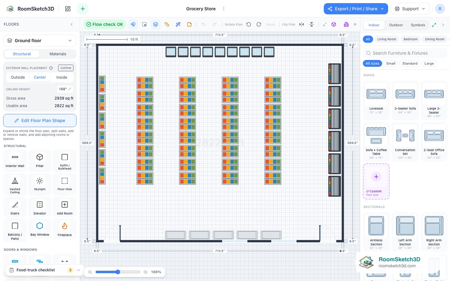 The Grocery Store template open in the RoomSketch3D 2D editor, every piece placed to scale