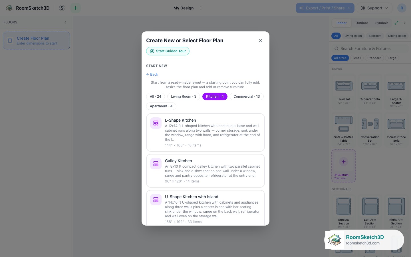 The L-Shape Kitchen card in the RoomSketch3D template picker