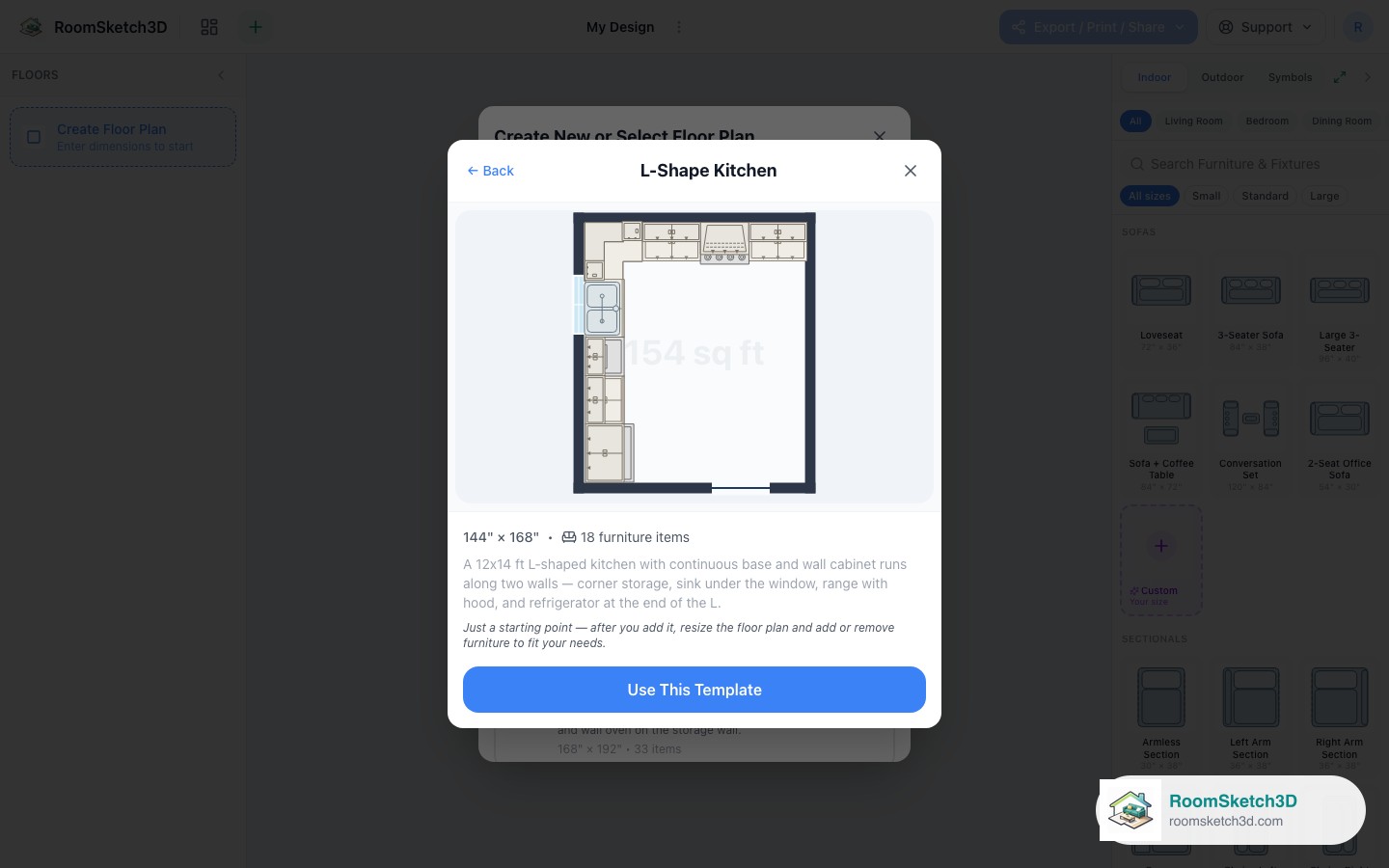 Previewing the L-Shape Kitchen template before opening it — RoomSketch3D floor planner