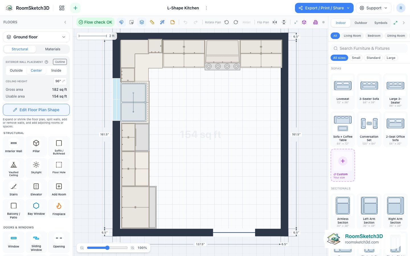 The L-Shape Kitchen template open in the RoomSketch3D 2D editor, every piece placed to scale