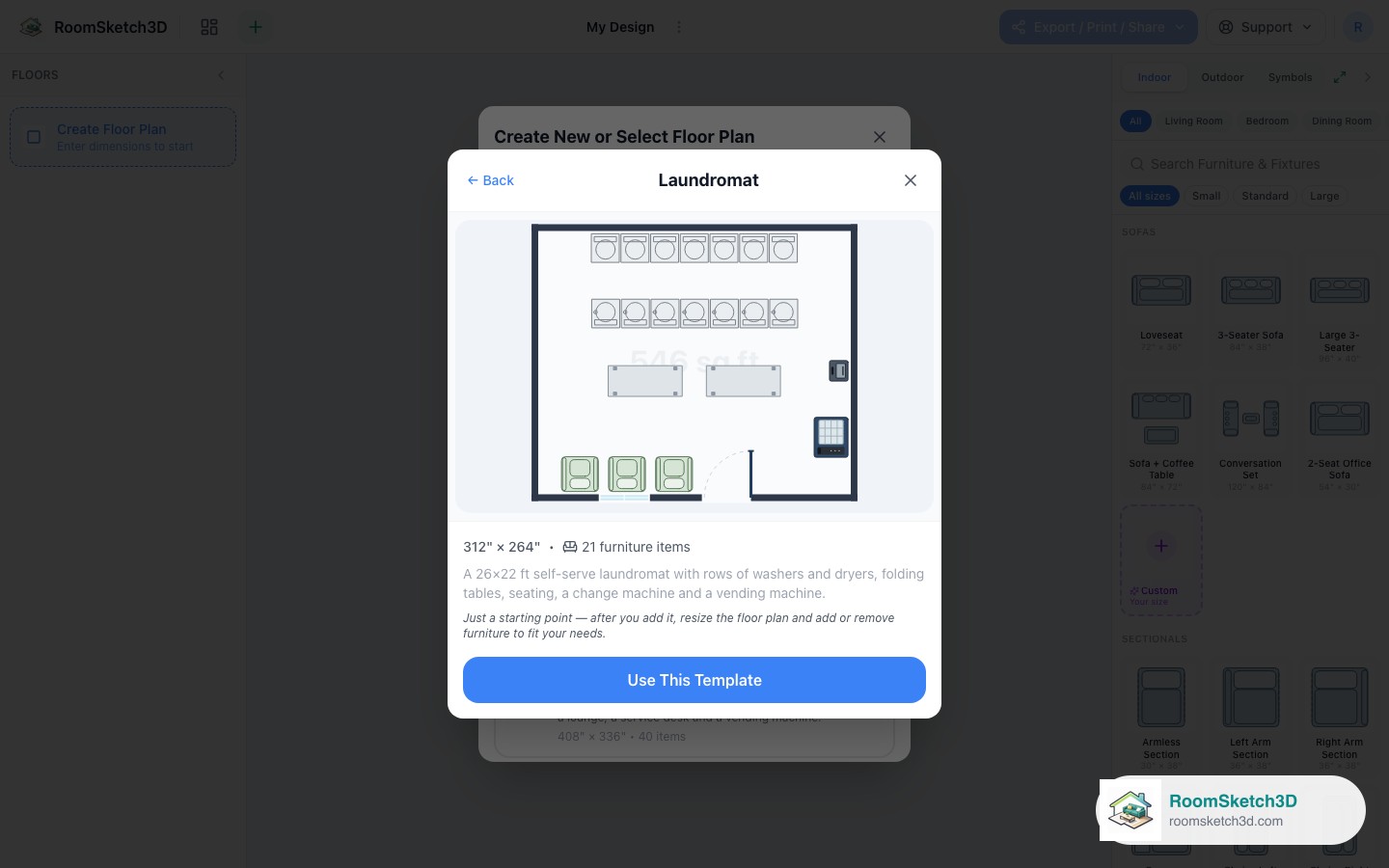 Previewing the Laundromat template before opening it — RoomSketch3D home design app