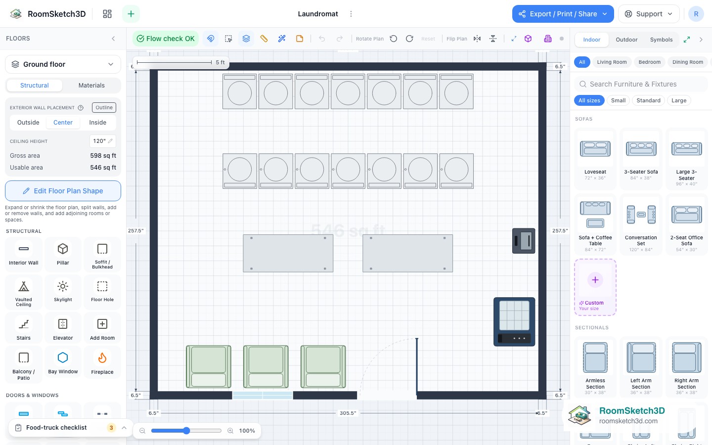 The Laundromat template open in the RoomSketch3D 2D editor, every piece placed to scale