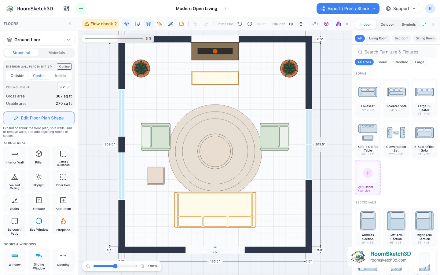 The Modern Open Living template open in the RoomSketch3D 2D editor, every piece placed to scale