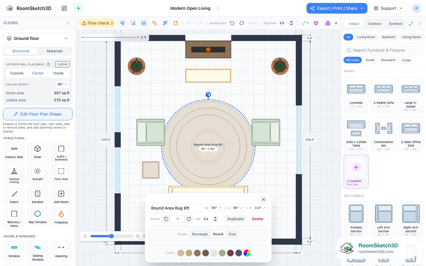 A piece selected in the Modern Open Living template with its size and options shown — RoomSketch3D floor plan creator