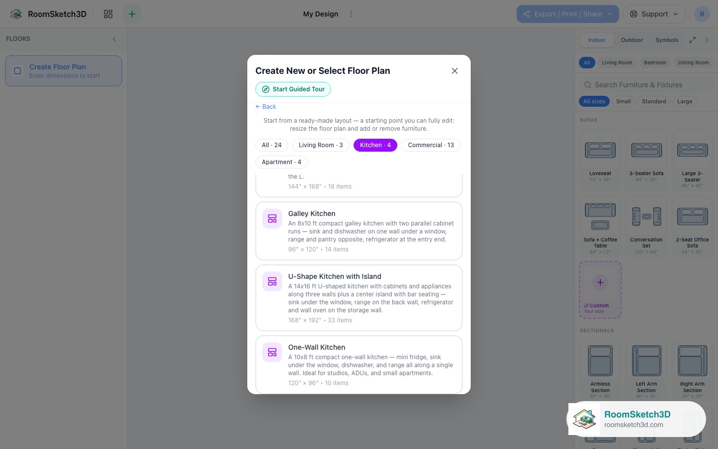 The One-Wall Kitchen card in the RoomSketch3D template picker