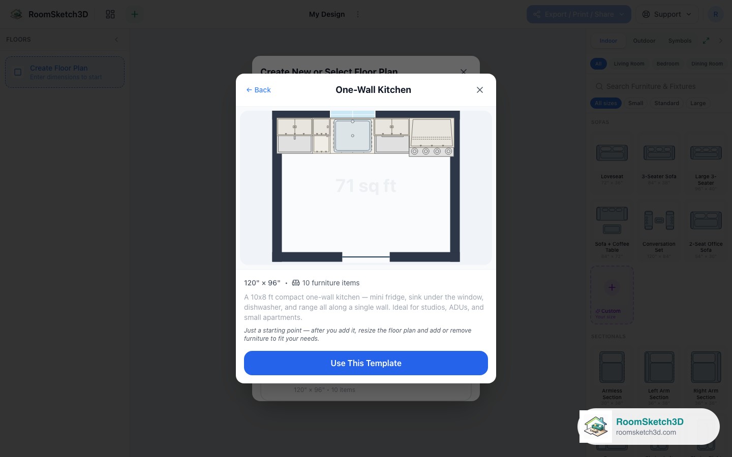 Previewing the One-Wall Kitchen template before opening it — RoomSketch3D floor plan creator