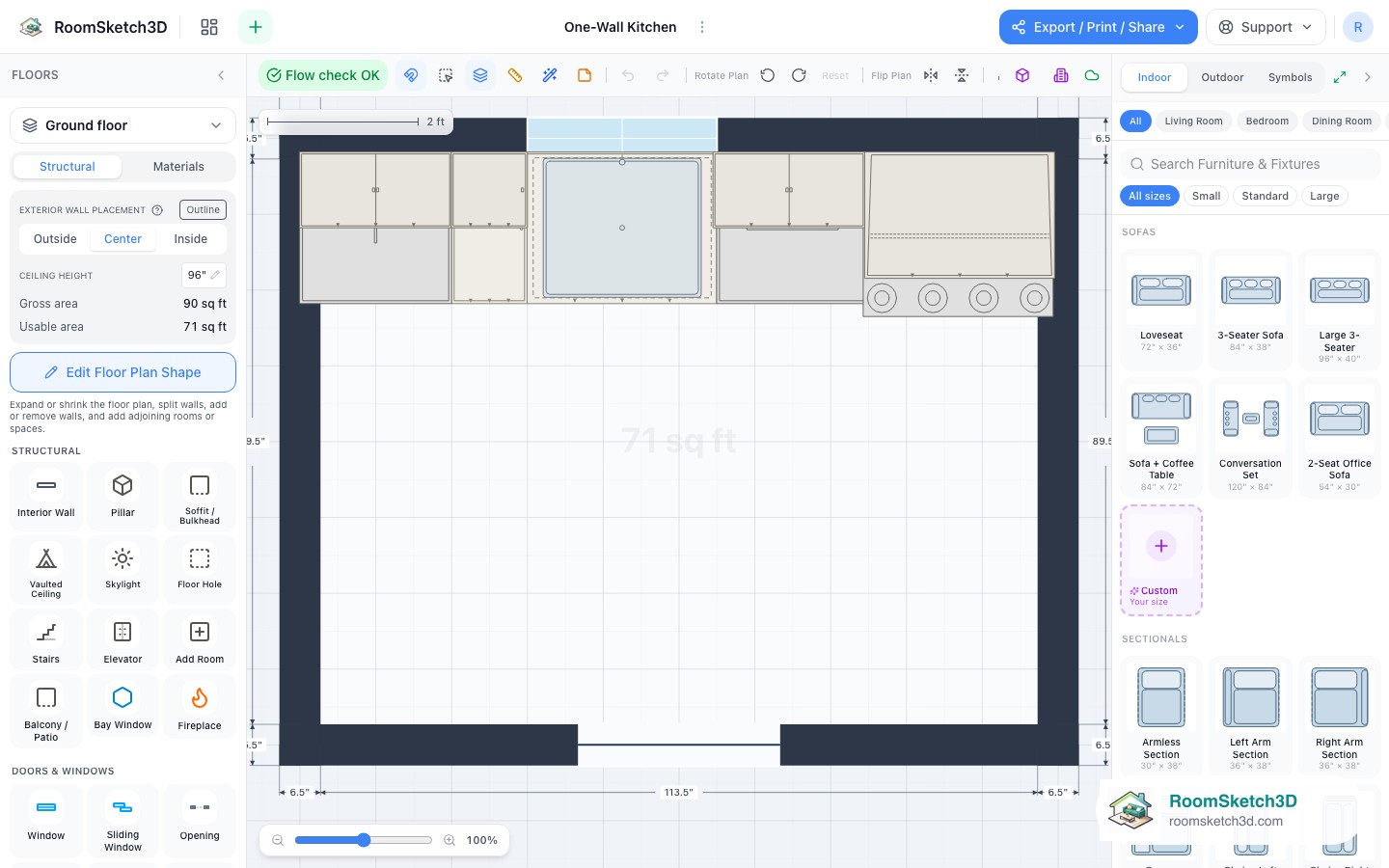 A piece selected in the One-Wall Kitchen template with its size and options shown — RoomSketch3D home design app