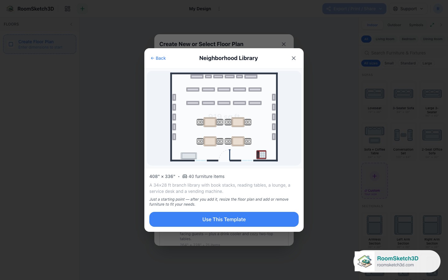 Previewing the Neighborhood Library template before opening it — RoomSketch3D floor plan creator
