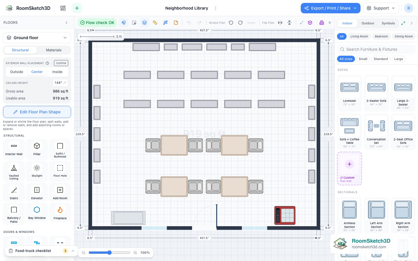 The Neighborhood Library template open in the RoomSketch3D 2D editor, every piece placed to scale
