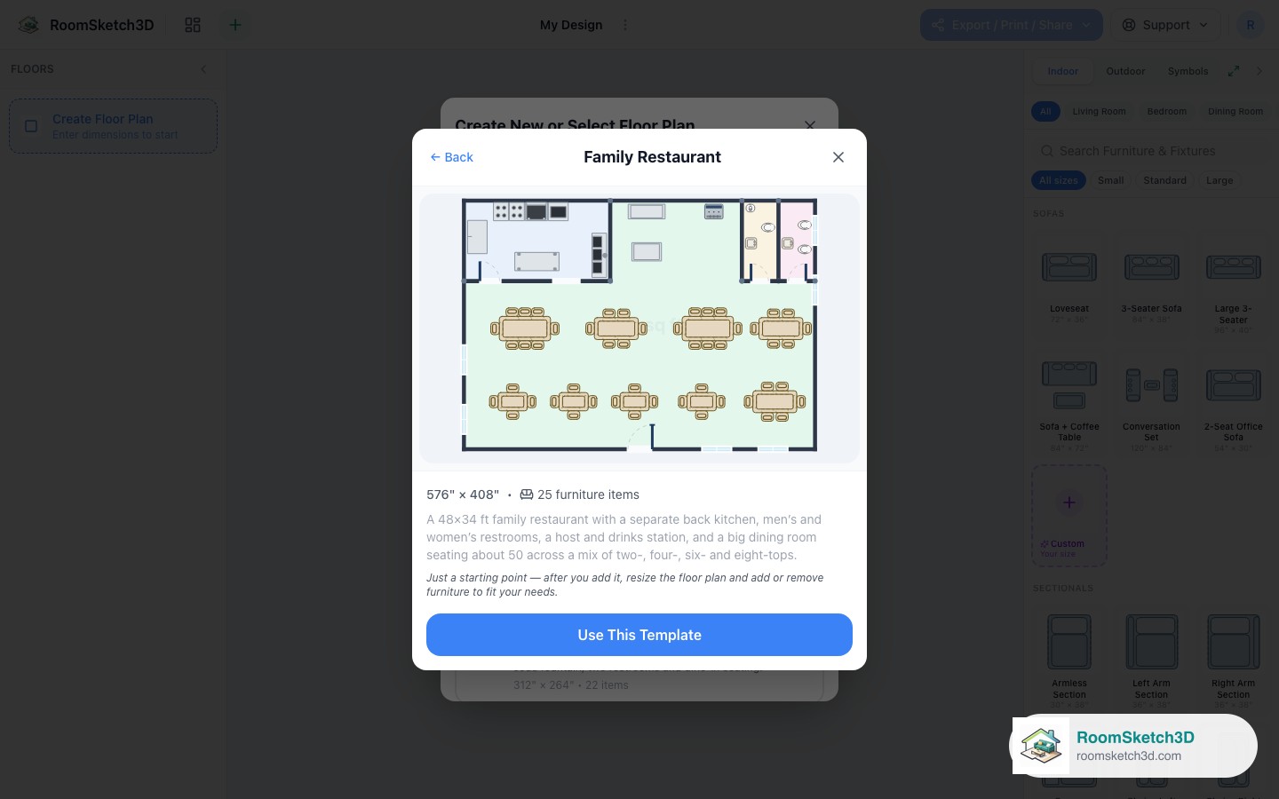 Previewing the Family Restaurant template before opening it — RoomSketch3D floor planner