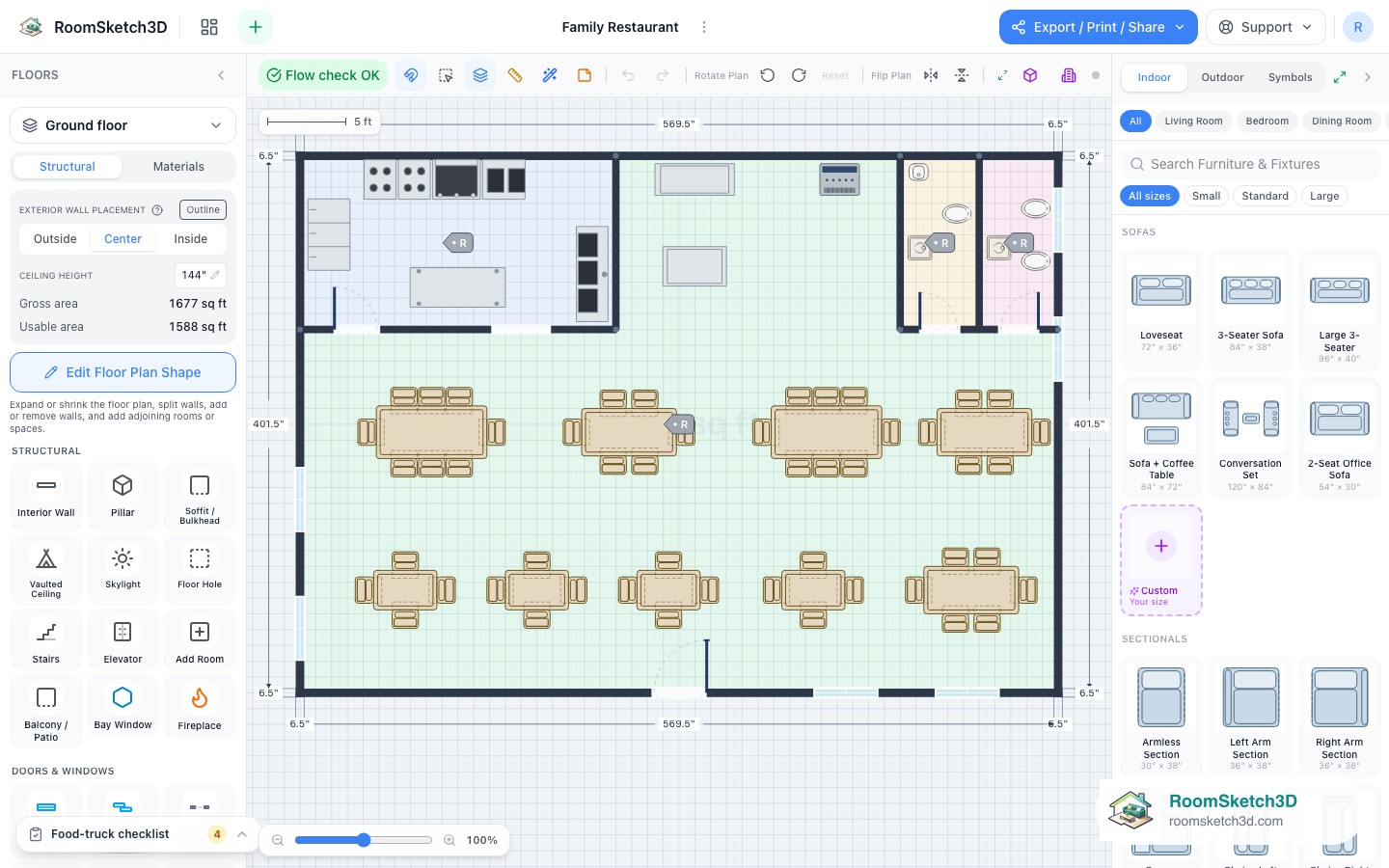 The Family Restaurant template open in the RoomSketch3D 2D editor, every piece placed to scale
