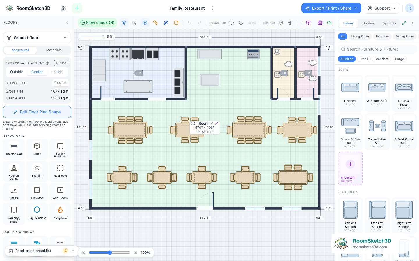 A piece selected in the Family Restaurant template with its size and options shown — RoomSketch3D room planner app