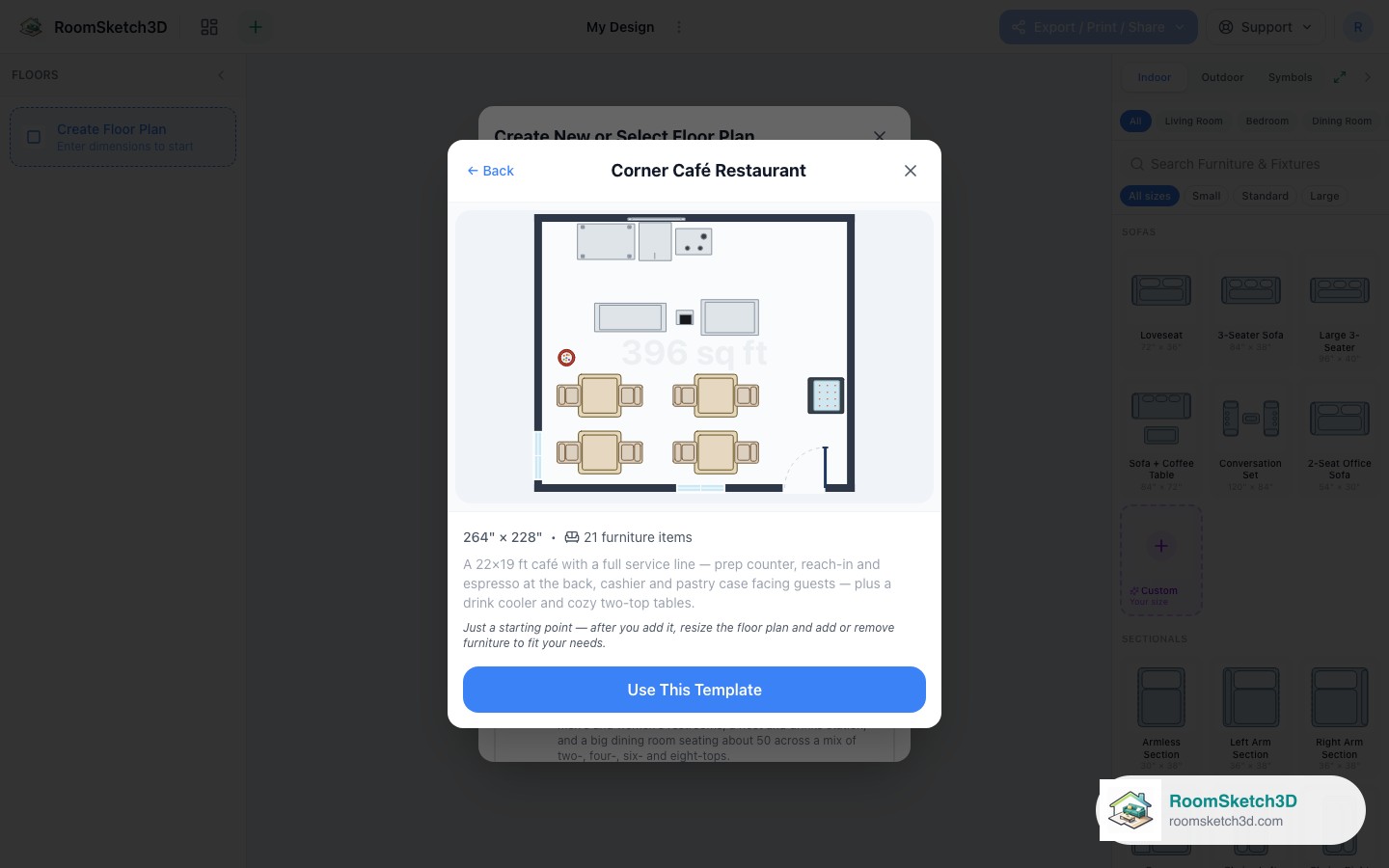 Previewing the Corner Café Restaurant template before opening it — RoomSketch3D room planner app