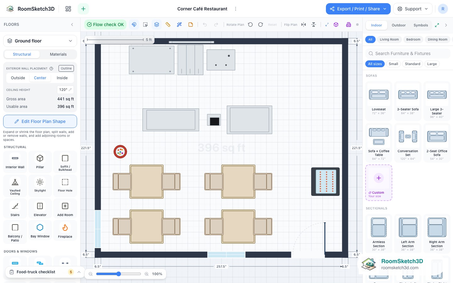The Corner Café Restaurant template open in the RoomSketch3D 2D editor, every piece placed to scale
