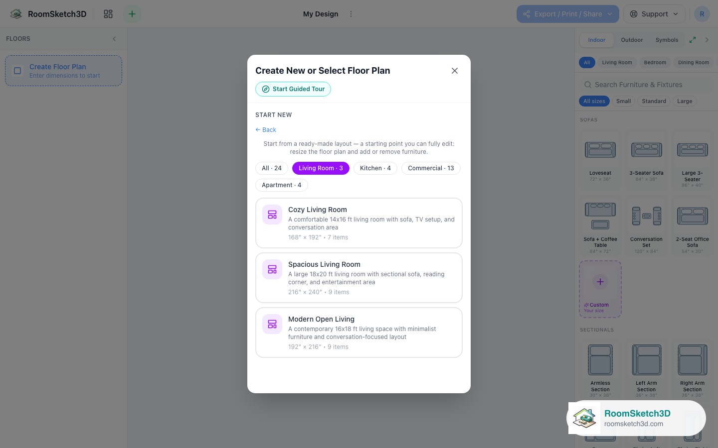 The Spacious Living Room card in the RoomSketch3D template picker