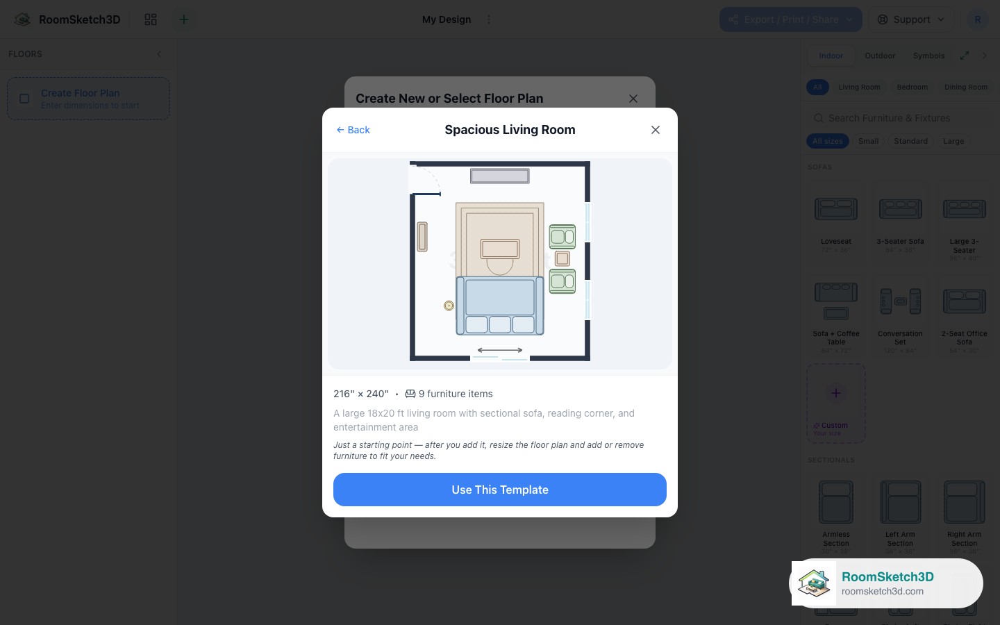Previewing the Spacious Living Room template before opening it — RoomSketch3D home design app
