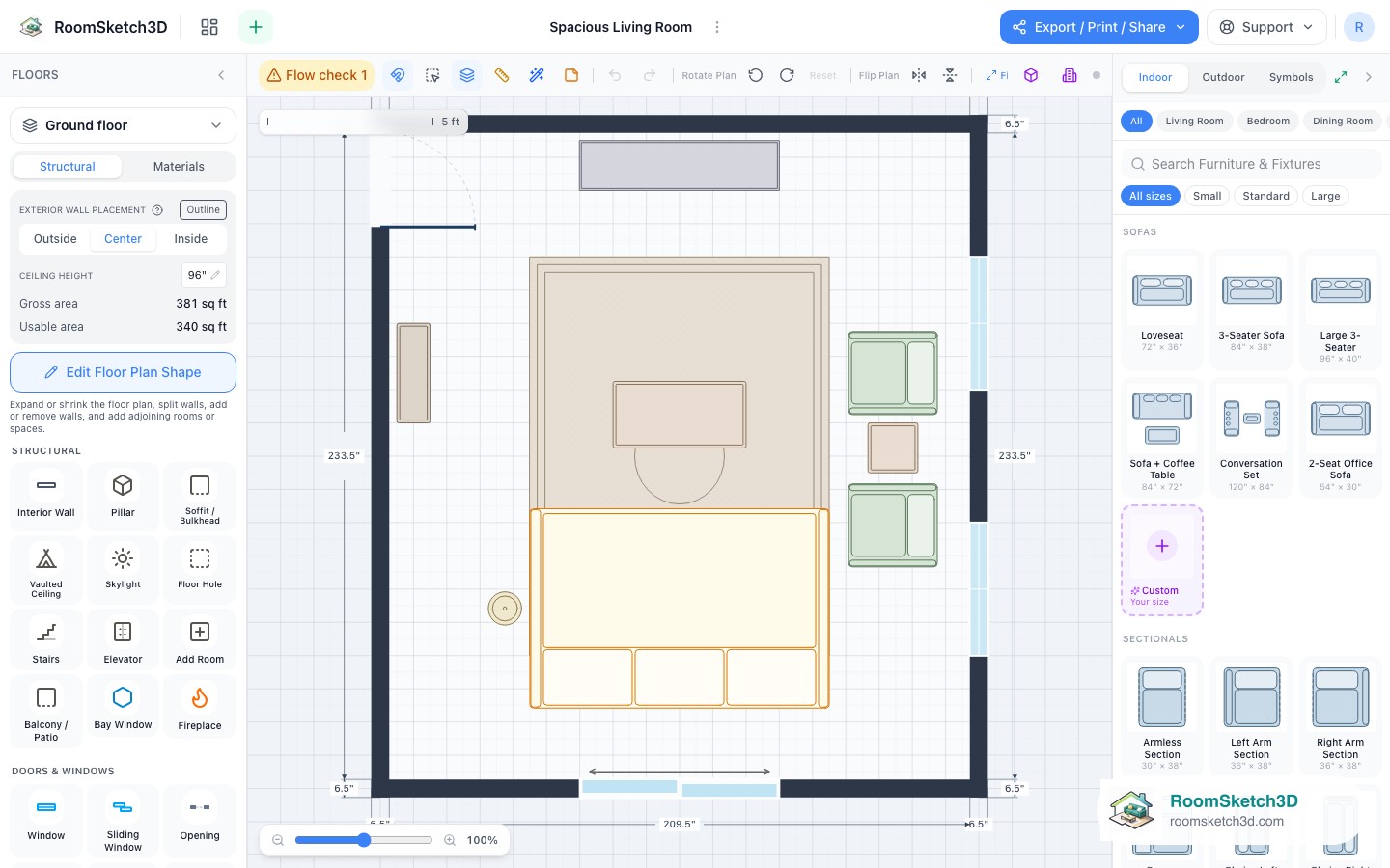 The Spacious Living Room template open in the RoomSketch3D 2D editor, every piece placed to scale