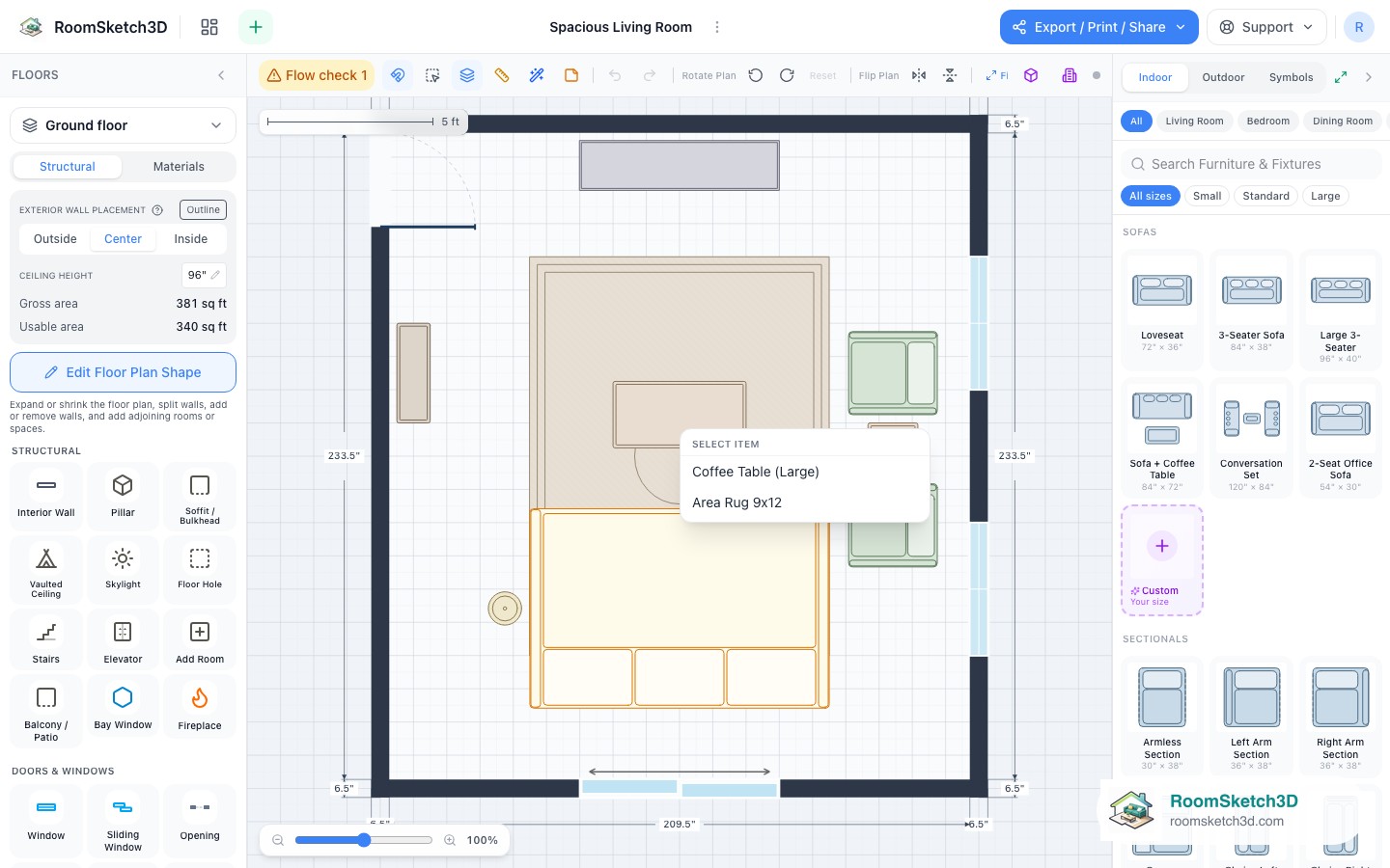 A piece selected in the Spacious Living Room template with its size and options shown — RoomSketch3D floor plan creator