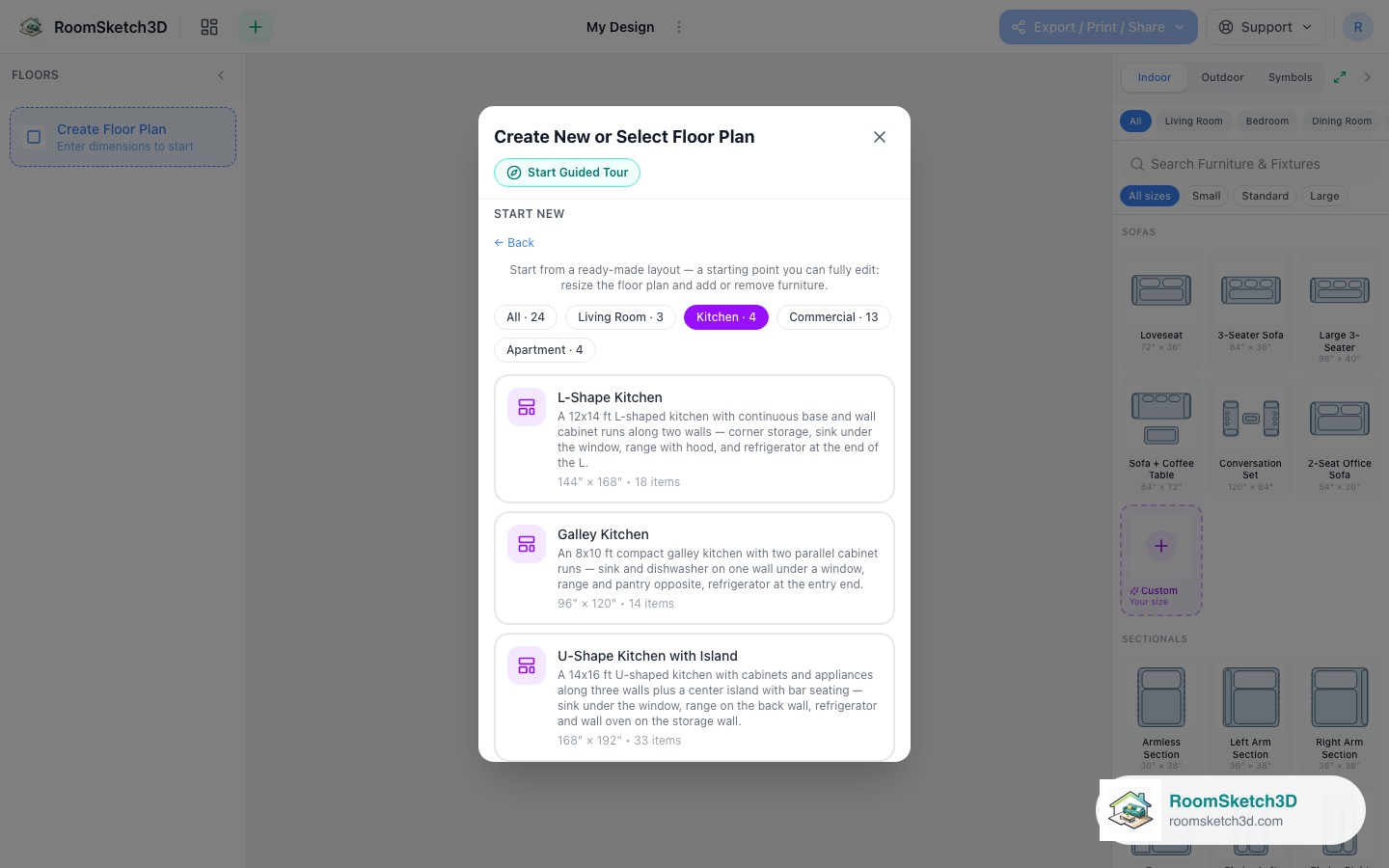 The U-Shape Kitchen with Island card in the RoomSketch3D template picker