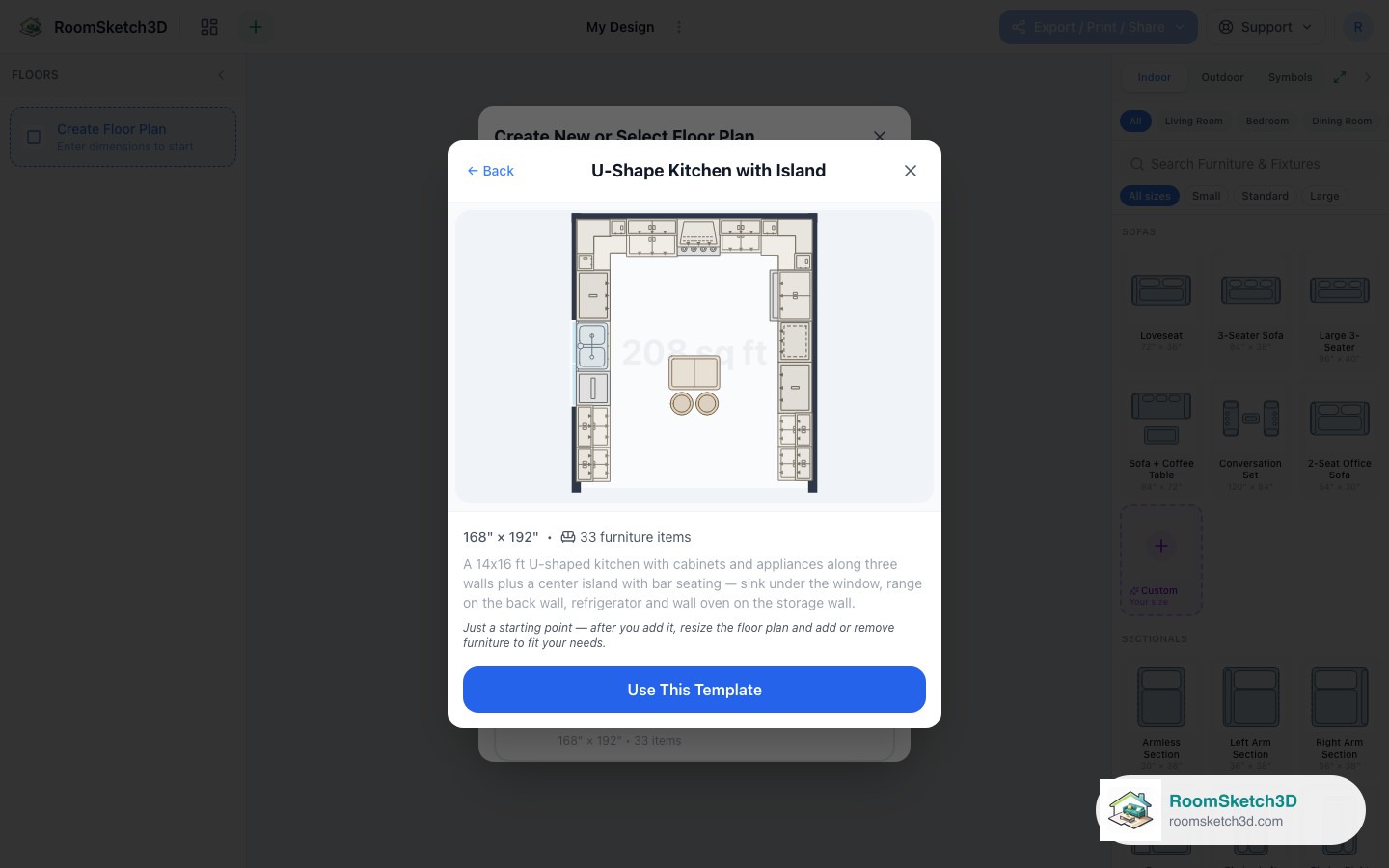 Previewing the U-Shape Kitchen with Island template before opening it — RoomSketch3D room planner app