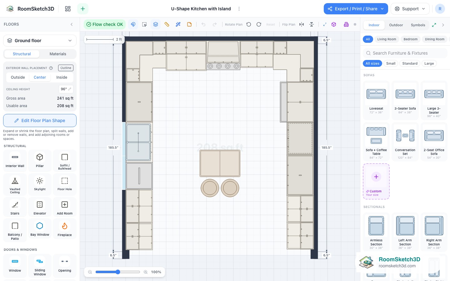 The U-Shape Kitchen with Island template open in the RoomSketch3D 2D editor, every piece placed to scale