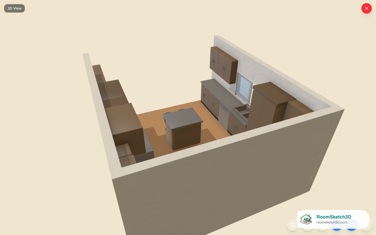 The U-Shape Kitchen with Island template viewed in 3D in RoomSketch3D