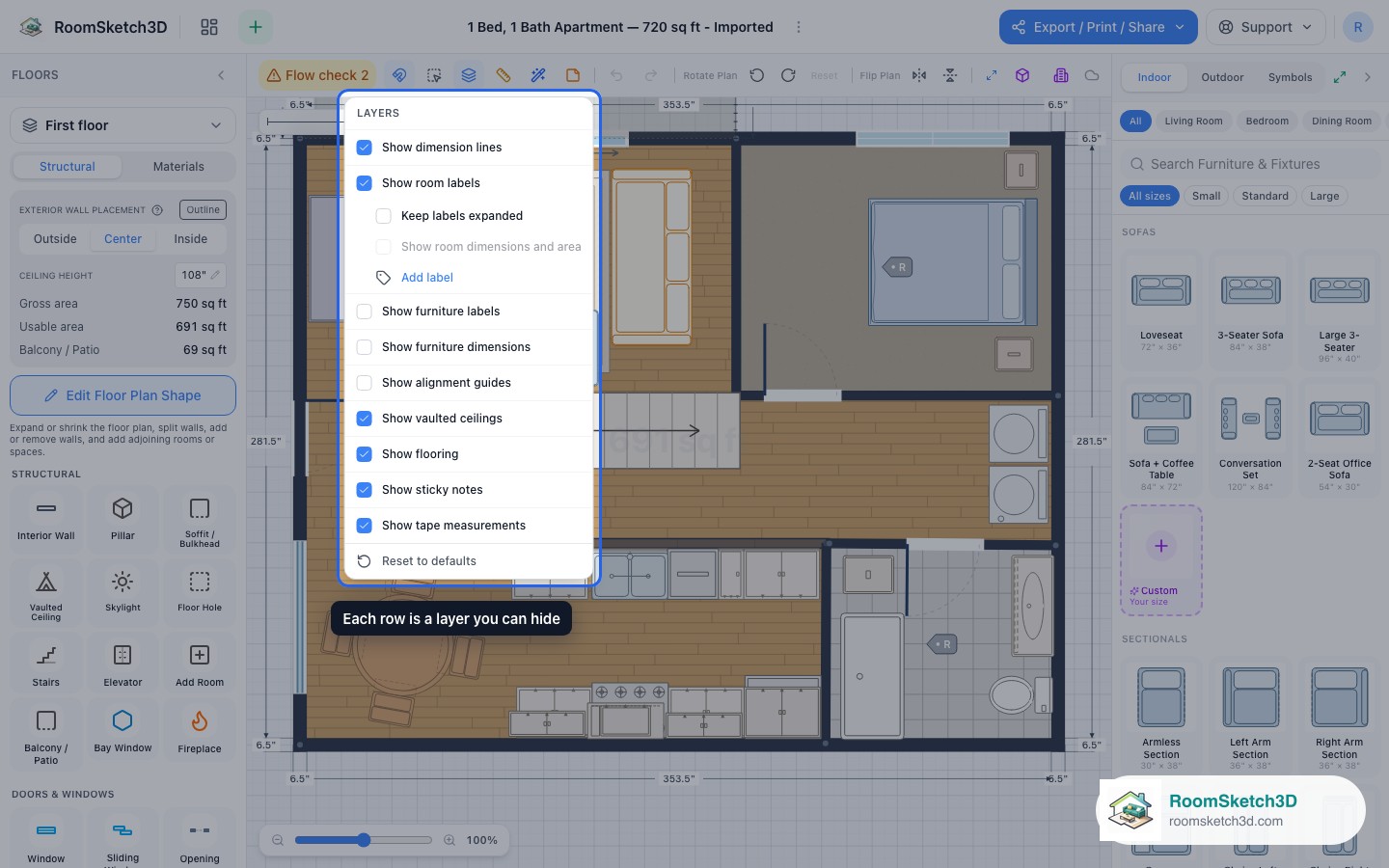 The Layers menu open in the RoomSketch3D editor, listing each drawable layer with a checkbox