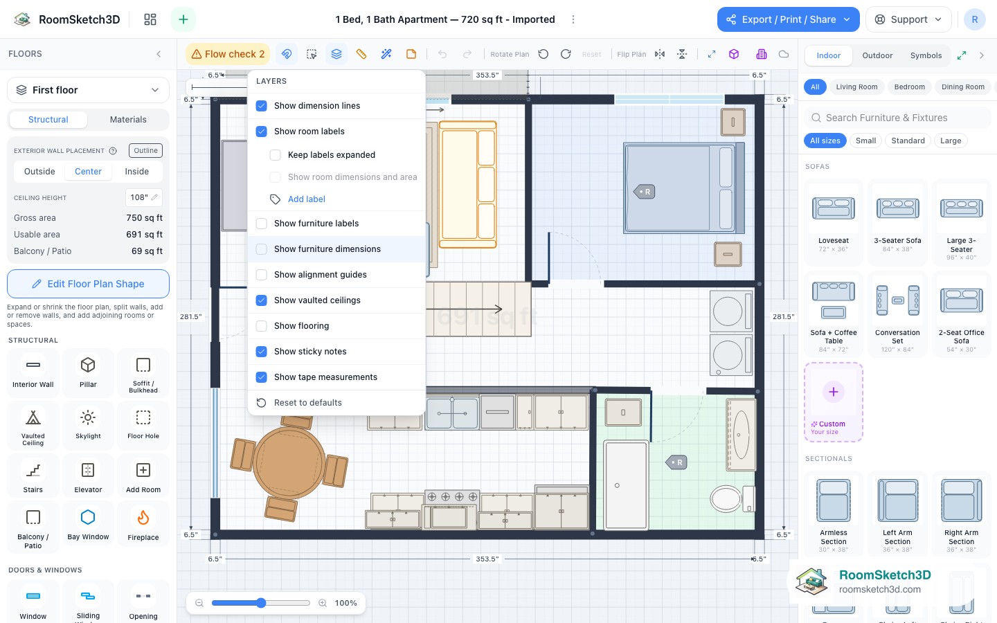 The floor plan with flooring, furniture labels and furniture dimensions switched off — RoomSketch3D home design app
