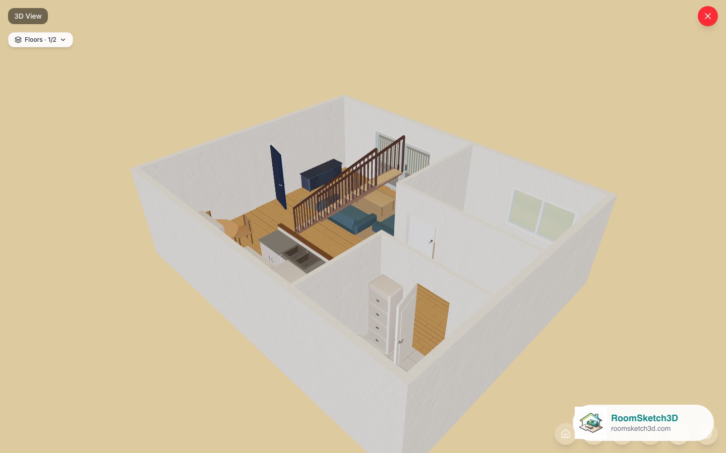 The 3D view with shadows switched off and the quality toggle highlighted — RoomSketch3D 3D floorplan software