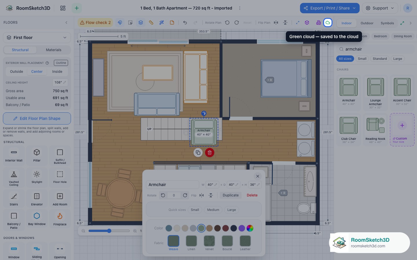 After adding an armchair, the save indicator shows a green cloud: saved to cloud — RoomSketch3D floor planner