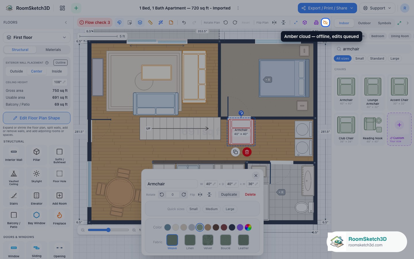 The amber offline save indicator after making an edit with no connection: offline, edits queued — RoomSketch3D room planner app