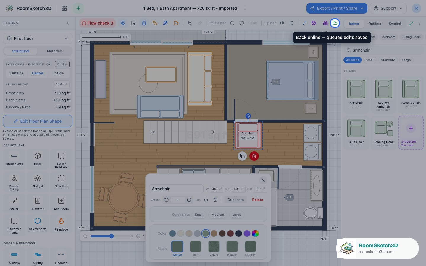 Back online: the save indicator returns to the green saved-to-cloud state — RoomSketch3D room planner app