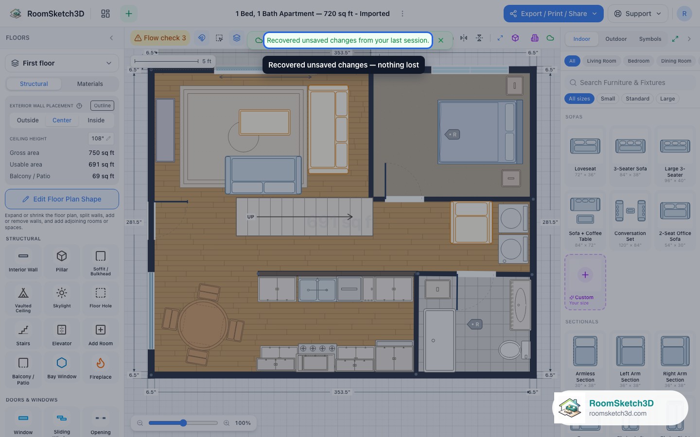 After a refresh mid-save, the editor reopens with the green banner: recovered unsaved changes from your last session — RoomSketch3D floor plan creator